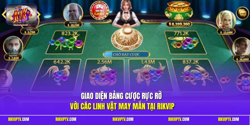 Giao diện bảng cược rực rỡ với các linh vật may mắn tại Rikvip